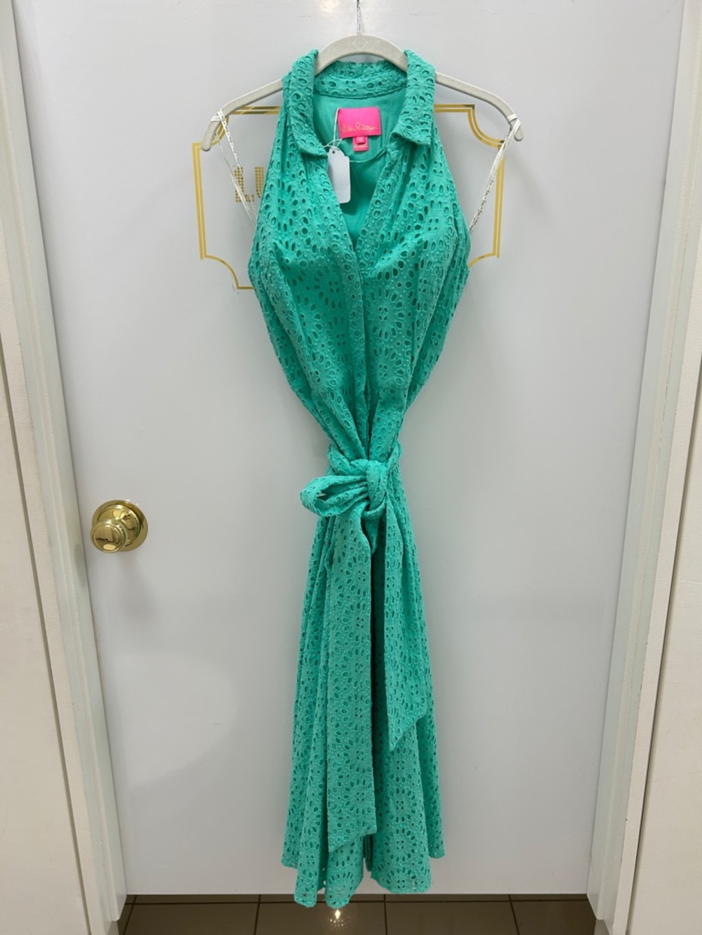 LILLY PULITZER Sleeveless Cotton Eyelet Tie-Waist Dress in Aqua